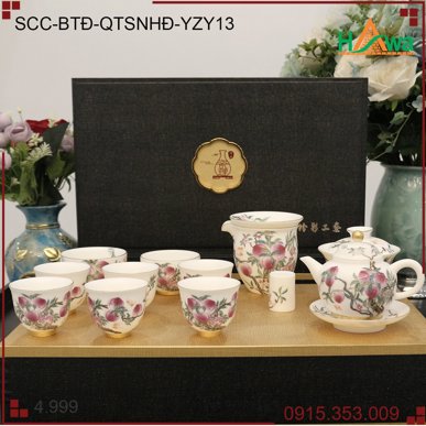Bộ trà đạo quý tộc, sứ ngọc hoa đào YZY 13 món (SCC-BTĐ-QTSNHĐ-YZY13)